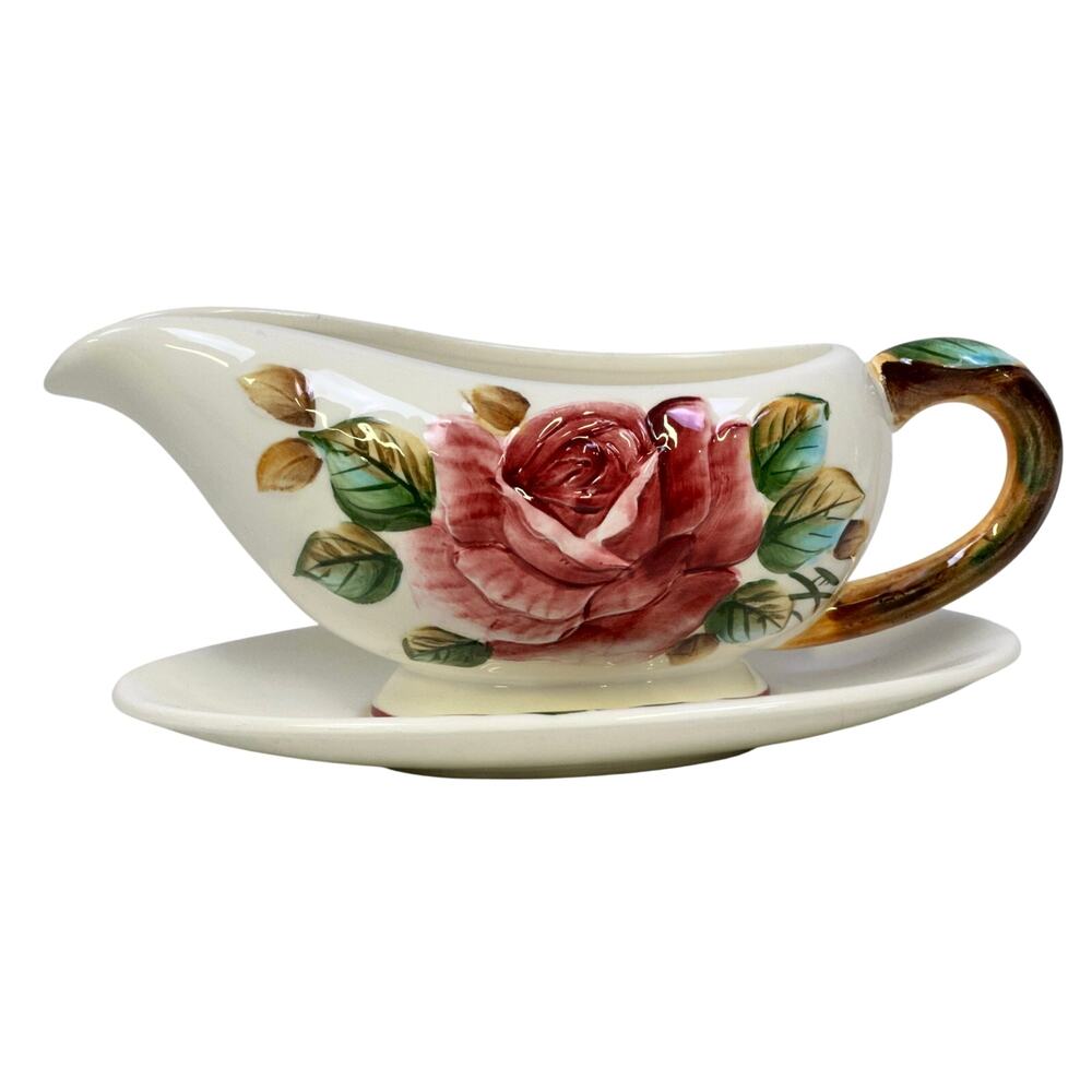 Lefton Americana Rose Pottery Gravy Boat Attached Underplate Japan